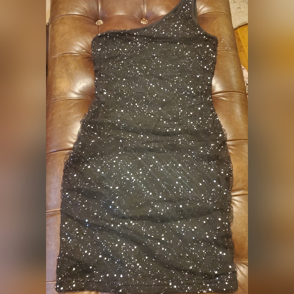 NWOT black one shoulder black sparkle dress